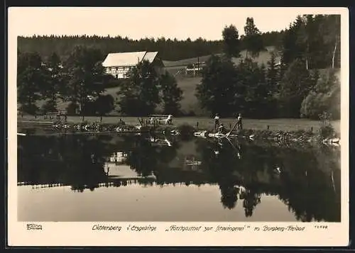 Foto-AK Walter Hahn, Dresden, Nr. 12598: Lichtenberg, Forstgasthof zur Schwingerei mit Burgberg-Freibad