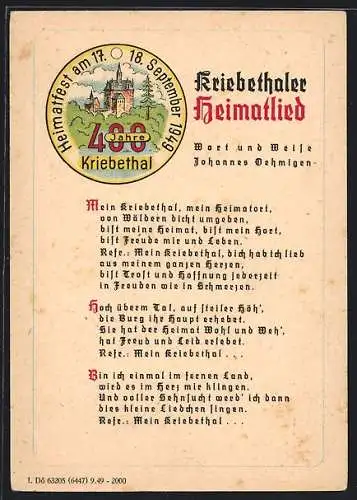 AK Kriebethal, Heimatfest 1949, Schloss, Kriebethaler Heimatlied in Textform, Wort und Weise v. Johannes Oehmigen