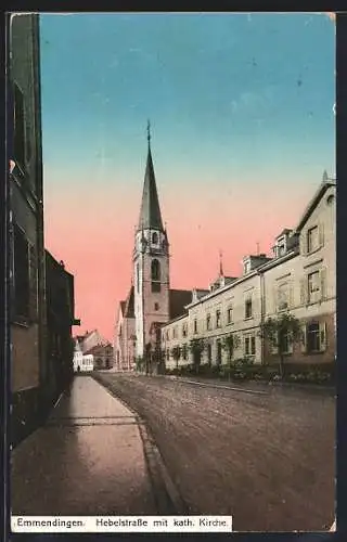 AK Emmendingen, Hebelstrasse mit kath. Kirche