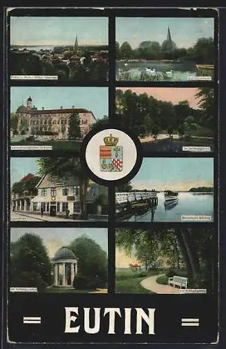 AK Eutin, Schloss, Schlossgarten, Voss-Haus und Ortswappen