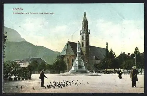 AK Bozen, Waltherplatz mit Denkmal und Pfarrkirche