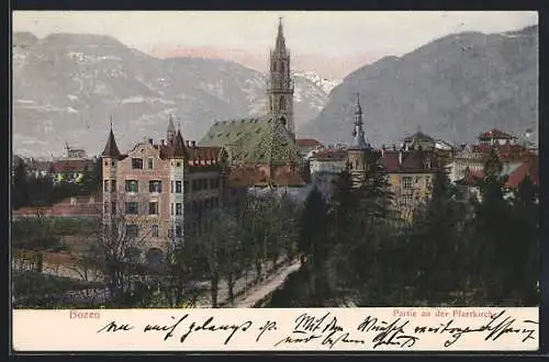 AK Bozen, Partie an der Pfarrkirche mit Hotel Walther von der Vogelweide