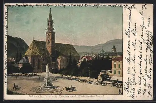 AK Bozen, Johannisplatz mit Kirche und Waltherdenkmal