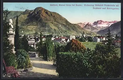 AK Gries bei Bozen, Erzherzog Heinrich-Promenade mit Denkmal und Rosengarten