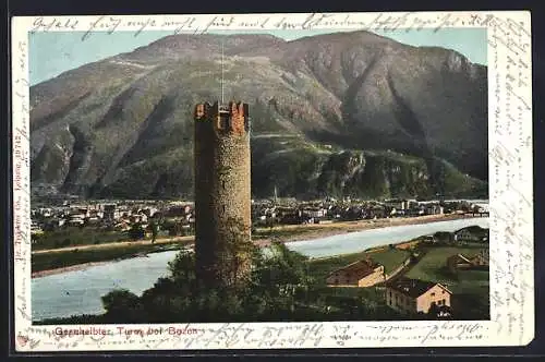 Lithographie Bozen, Stadttotale vom Gescheibten Turm aus gesehen