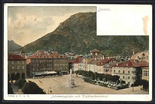 Künstler-AK Bozen, Johannisplatz mit dem Waltherdenkmal