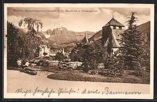 AK Bozen, Wassermauerpromenade, Sohl. Maretsch und Rosengarten