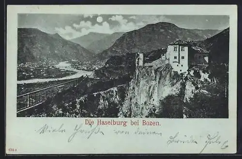 Mondschein-AK Bozen, Haselburg mit Umgebung