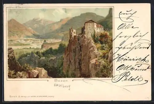 Lithographie Bozen, Ortsansicht mit Felspanorama