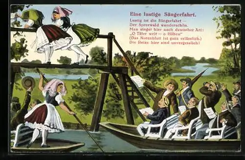 Künstler-AK Eine lustige Sängerfahrt im Spreewald