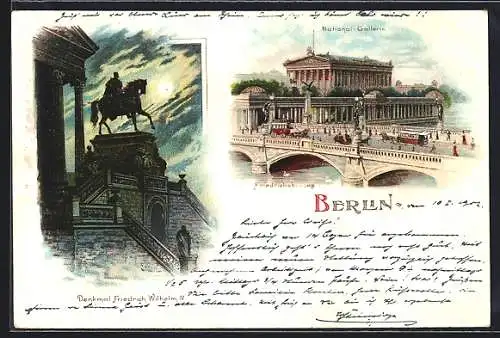 Lithographie Berlin, Denkmal Friedrich Wilhelm IV., Nationalgalerie mit Friedrichsbrücke