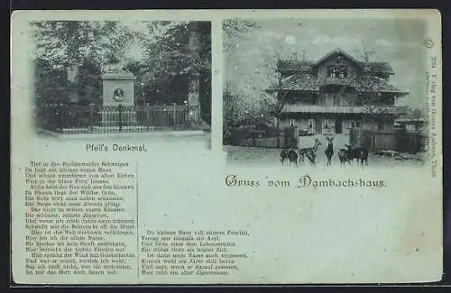 Mondschein-AK Thale / Harz, Gasthaus Dambachshaus, Pfeil`s Denkmal