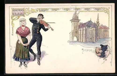 Lithographie Hongrie, Mädchen und Geiger in ungarischer Tracht