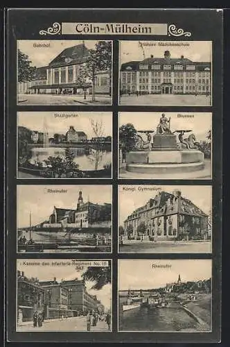 AK Köln-Mülheim, Königl. Gymnasium, Bahnhof, Mädchenschule