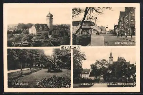 AK Delitzsch, Schloss, Eilenburger Strasse, Stadtpark und Schultze-Delitzsch Denkmal