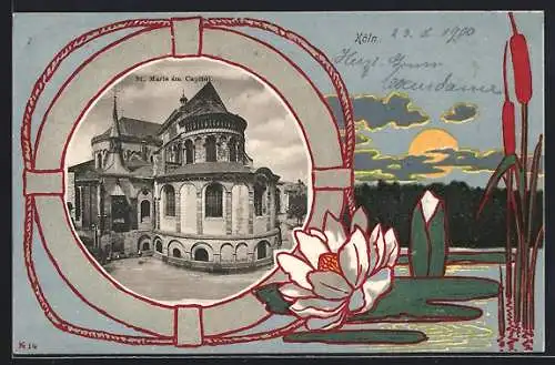 Passepartout-Lithographie Köln, St. Maria im Capitol, Seerosen