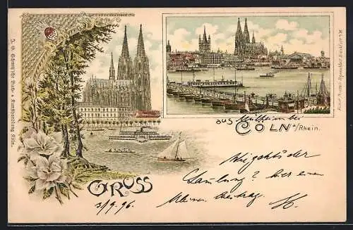 Lithographie Köln, Rheinpartie mit Dom