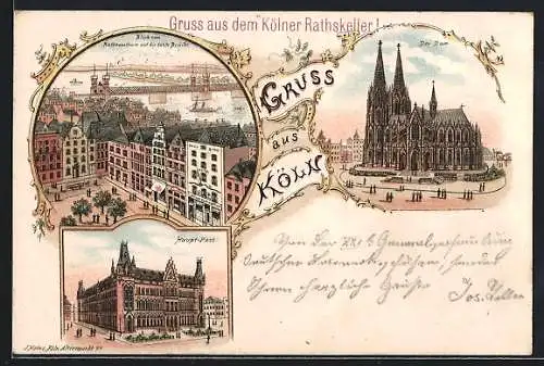 Lithographie Köln, Blick auf die feste Brücke, Dom, Haupt-Post