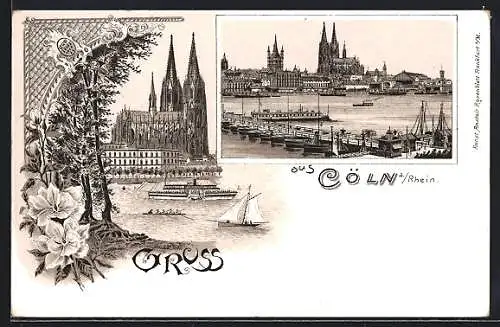 Lithographie Cöln, Dom, Rheinpartie mit Schiffsbrücke