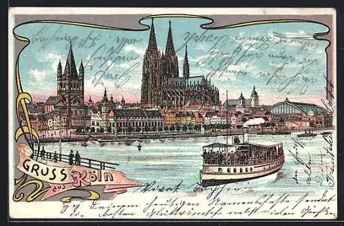 Lithographie Köln, Teilansicht mit Dom und Dampfer