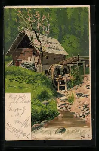 Künstler-AK Alfred Mailick: Wassermühle im Frühling, Baumblüte