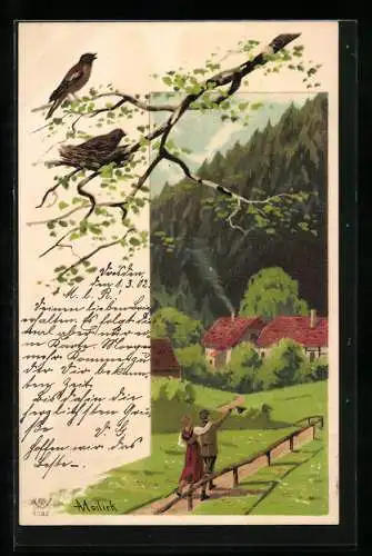 Künstler-AK Alfred Mailick: Landschaft mit einem Paar und Vogelnest, Pfingstgruss