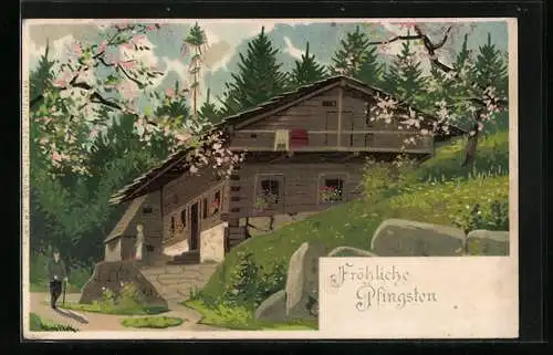 Künstler-Lithographie Alfred Mailick: Fröhliche Pfingsten!, Landhaus