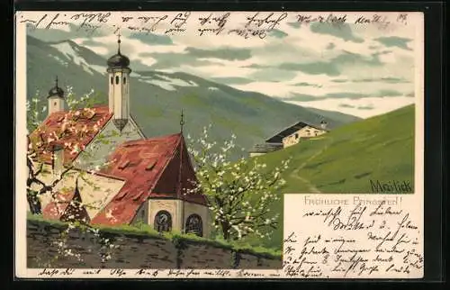 Künstler-Lithographie Alfred Mailick: Fröhliche Pfingsten, Kirche in Bergdorf