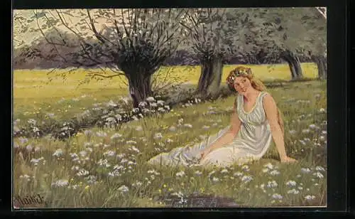 Künstler-AK Alfred Mailick: Ein Sommertraum, Fräulein sitzt auf einer Blumenwiese