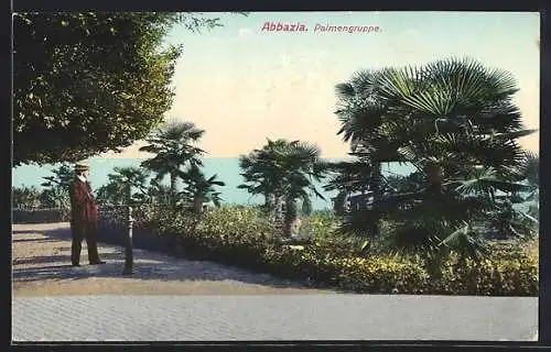 AK Abbazia, Palmengruppe mit Spaziergänger