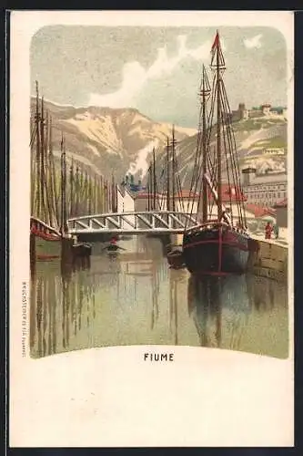 Lithographie Fiume, Hafen und Brücke