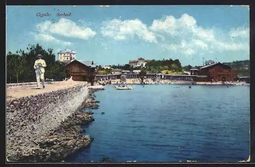 AK Cigale, Seebad mit Spaziergänger