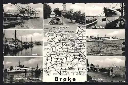 AK Brake /Unterweser, Pier, Hafen, Landkarte