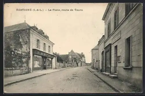 AK Restigne, La Poste, Route de Tours