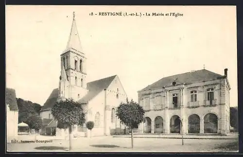 AK Restigné /I.-et-L., La Mairie et l`Eglise