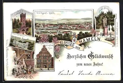 Lithographie Hameln, Gasthaus Dreyers Berggarten, Rattenfängerhaus, Totalansicht