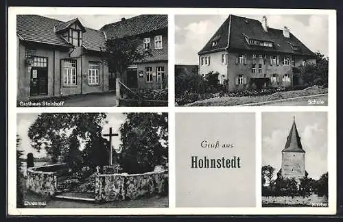 AK Hohnstedt, Gasthaus Steinhoff, Ehrenmal, Schule, Kirche