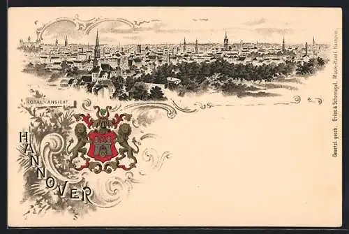 Lithographie Hannover, Wappen der Stadt, Totalansicht von oben