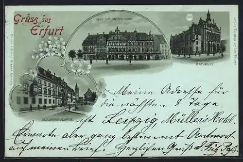 Mondschein-Lithographie Erfurt, Haus zum breiten Herd, Regierungsgebäude mit Strasse