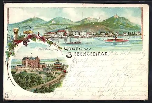 Lithographie Königswinter /Siebengebirge, Hotel Petersberg, Ortsansicht