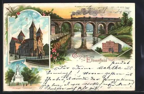 Lithographie Elberfeld, Kriegerdenkmal, Marien-Kirche, Wuppe-Viadukt