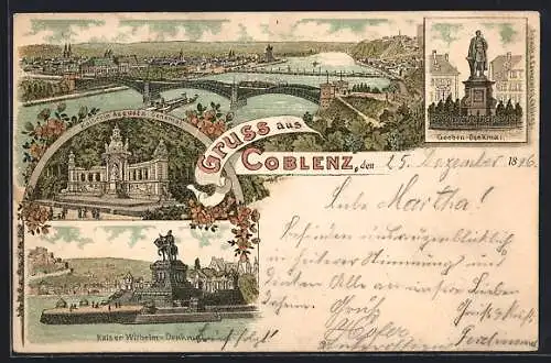 Lithographie Koblenz, Kaiserin Augusta-Denkmal, Goeben Denkmal, Kaiser Wilhelm-Denkmal