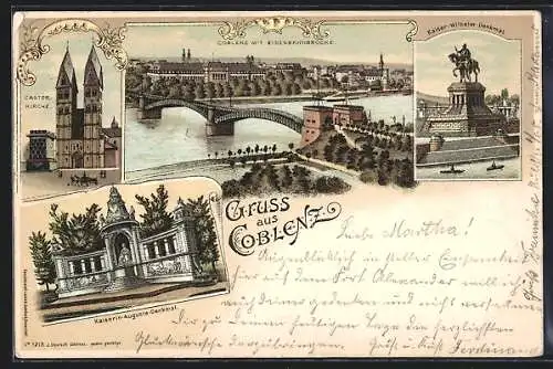 Lithographie Coblenz, Castorkirche, Kaiserin Augusta-Denkmal, Ortsansicht mit Eisenbahnbrücke