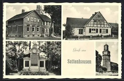 AK Sattenhausen, Sparkasse u. Gemeindeamt, Ehrenmal, Schule u. Kirche