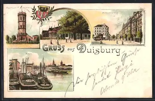 Lithographie Duisburg, Wasserturm, Hafen, Mülheimerstrasse, Monning, Wappen