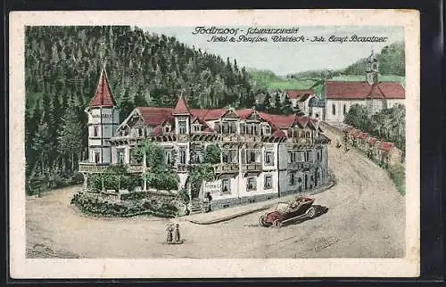 Künstler-AK Todtmoos /Schwarzwald, Hotel-Pension Waldeck E. Brantner mit Strasse und Kirche