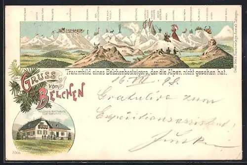 Lithographie Belchen, Rasthaus, Bes. Jos. Stiefvater, Berg mit Gesicht / Berggesichter