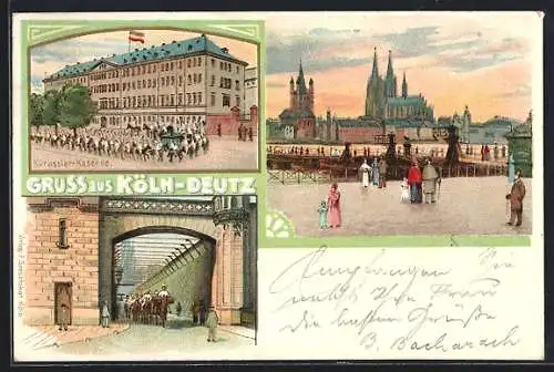 Lithographie Köln-Deutz, Kürassier-Kaserne, Soldaten zu Pferde, Ortspartie mit Dom