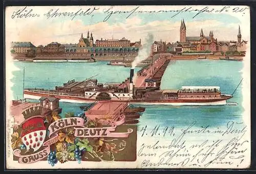 Lithographie Köln-Deutz, Teilbare Brücke mit Dampferdurchfahrt und Ortspanorama, Wappen