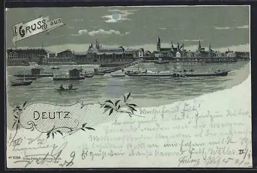 Mondschein-Lithographie Köln-Deutz, Schiffsanleger mit Booten und Ortspanorama aus der Vogelschau